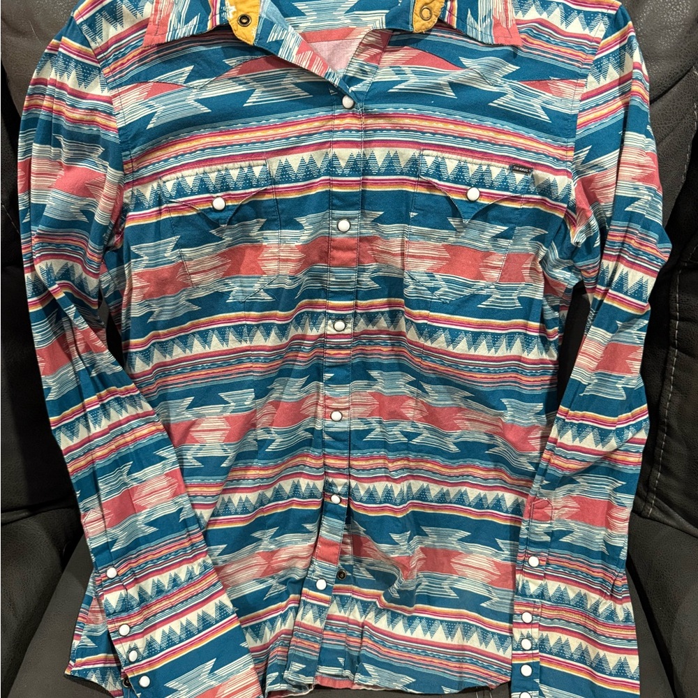 Tin Haul Teal and Coral Southwestern Snap Shirt